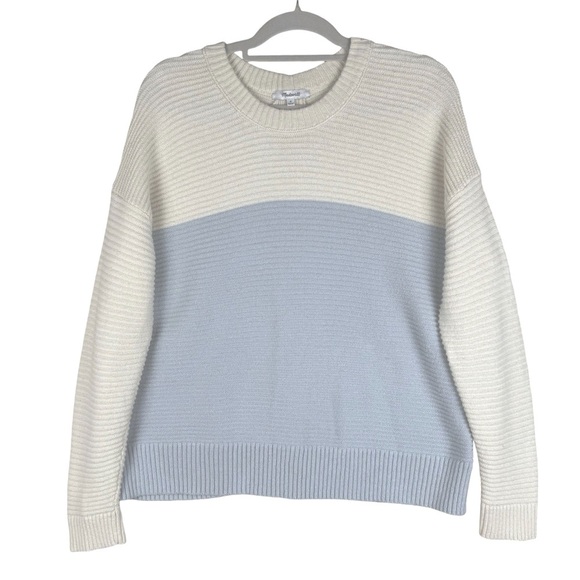 Madewell Greensboro Button back Sweater Size Medium Cream Blue Colorblock Knit - Picture 1 of 8